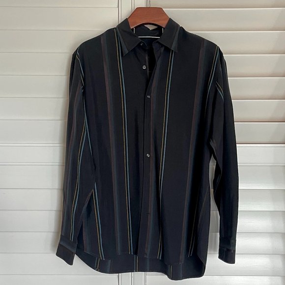 Men's Tommy Bahama Black Multi Color Stripe Dress Shirt in Large - Picture 3 of 8